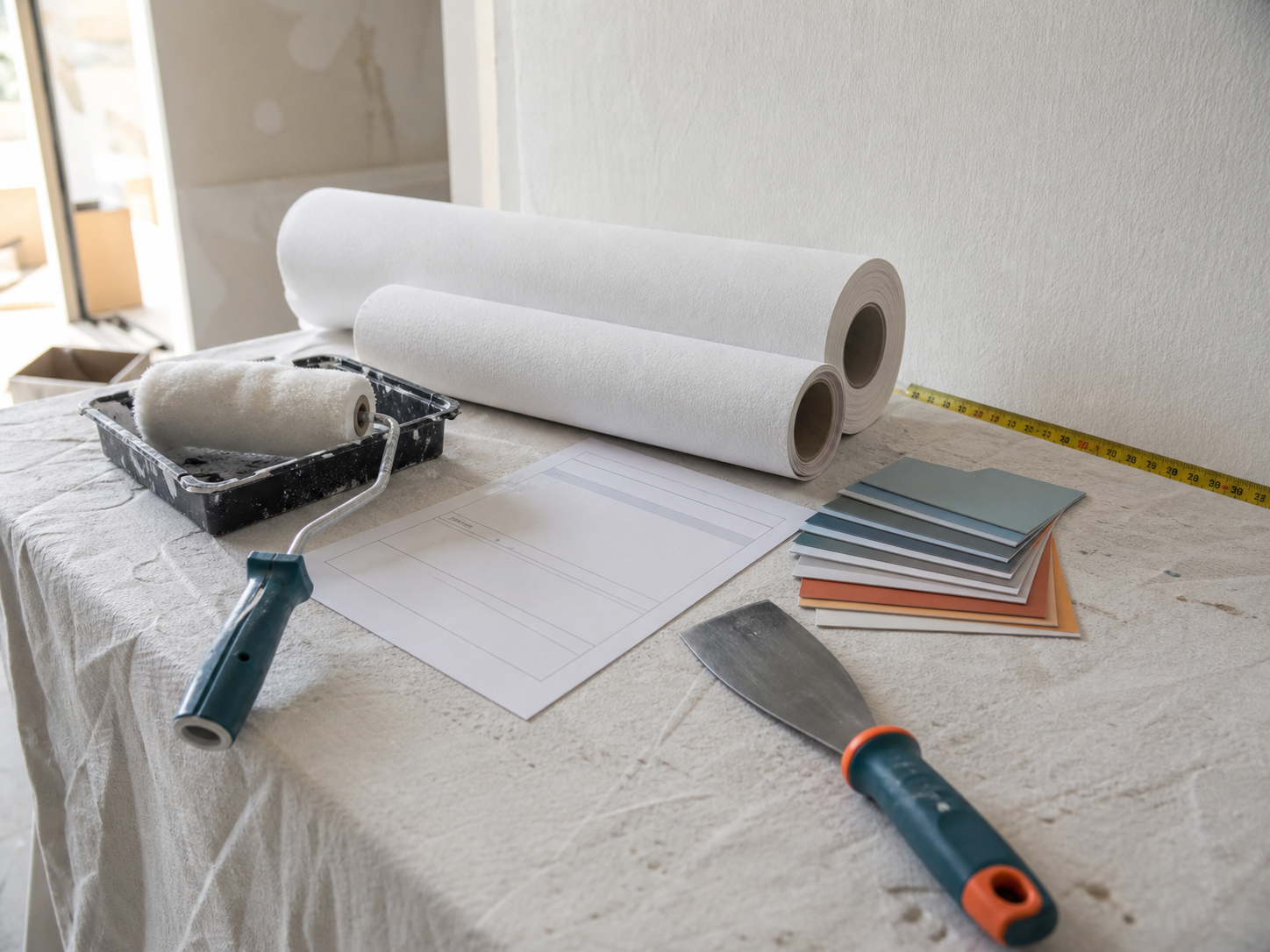 Renovlies rollen, meetlint, verfroller en offertemateriaal op werktafel