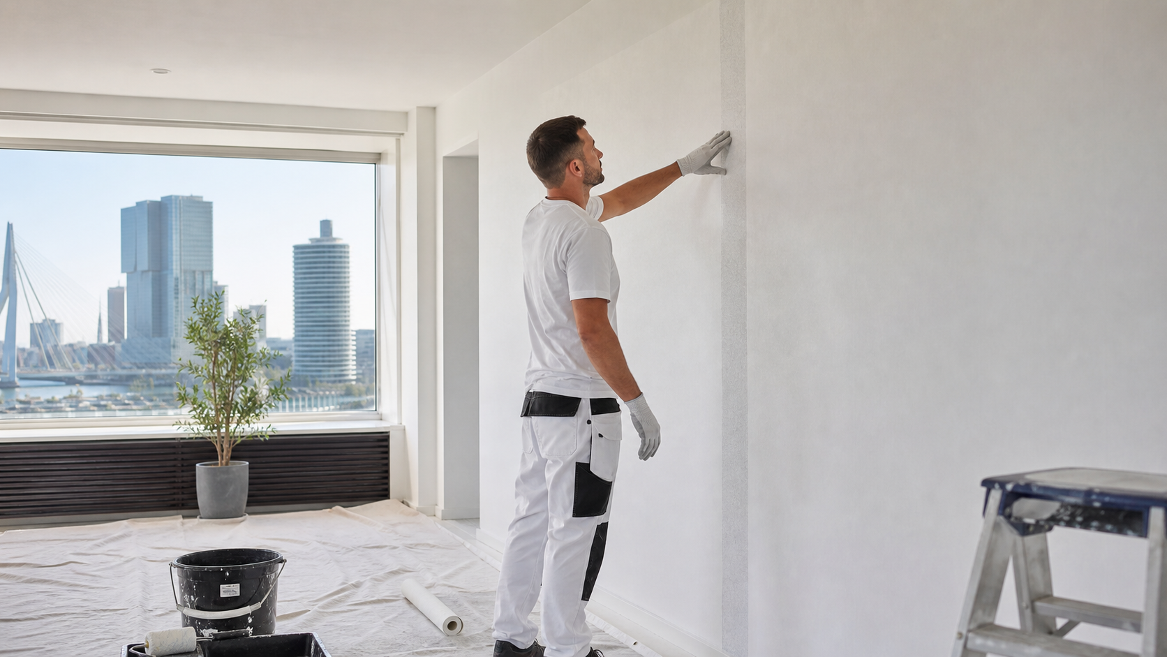 Werktafel met renovliesrollen, meetlint en offertecheck voor wandafwerking